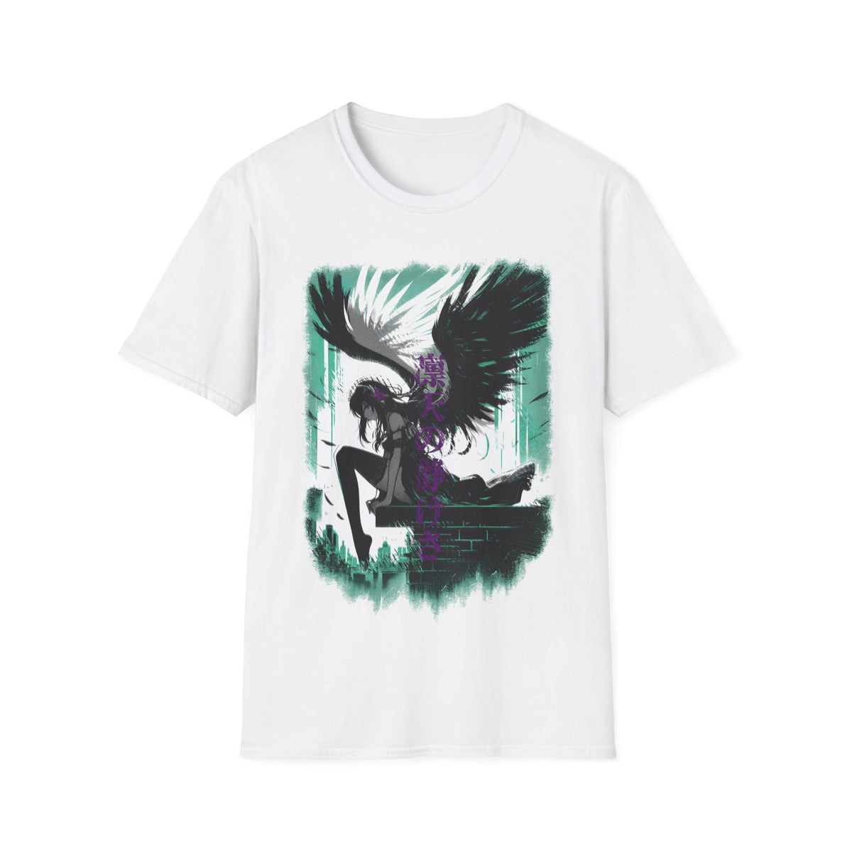 Anime Black Winged Girl in Urban Japan Scene Manga Style T-Shirt