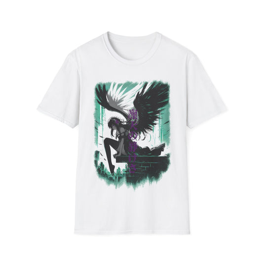 Anime Black Winged Girl in Urban Japan Scene Manga Style T-Shirt