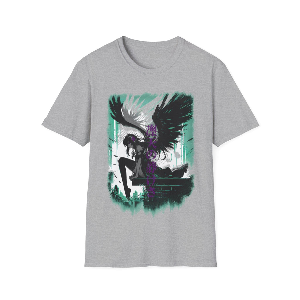 Anime Black Winged Girl in Urban Japan Scene Manga Style T-Shirt