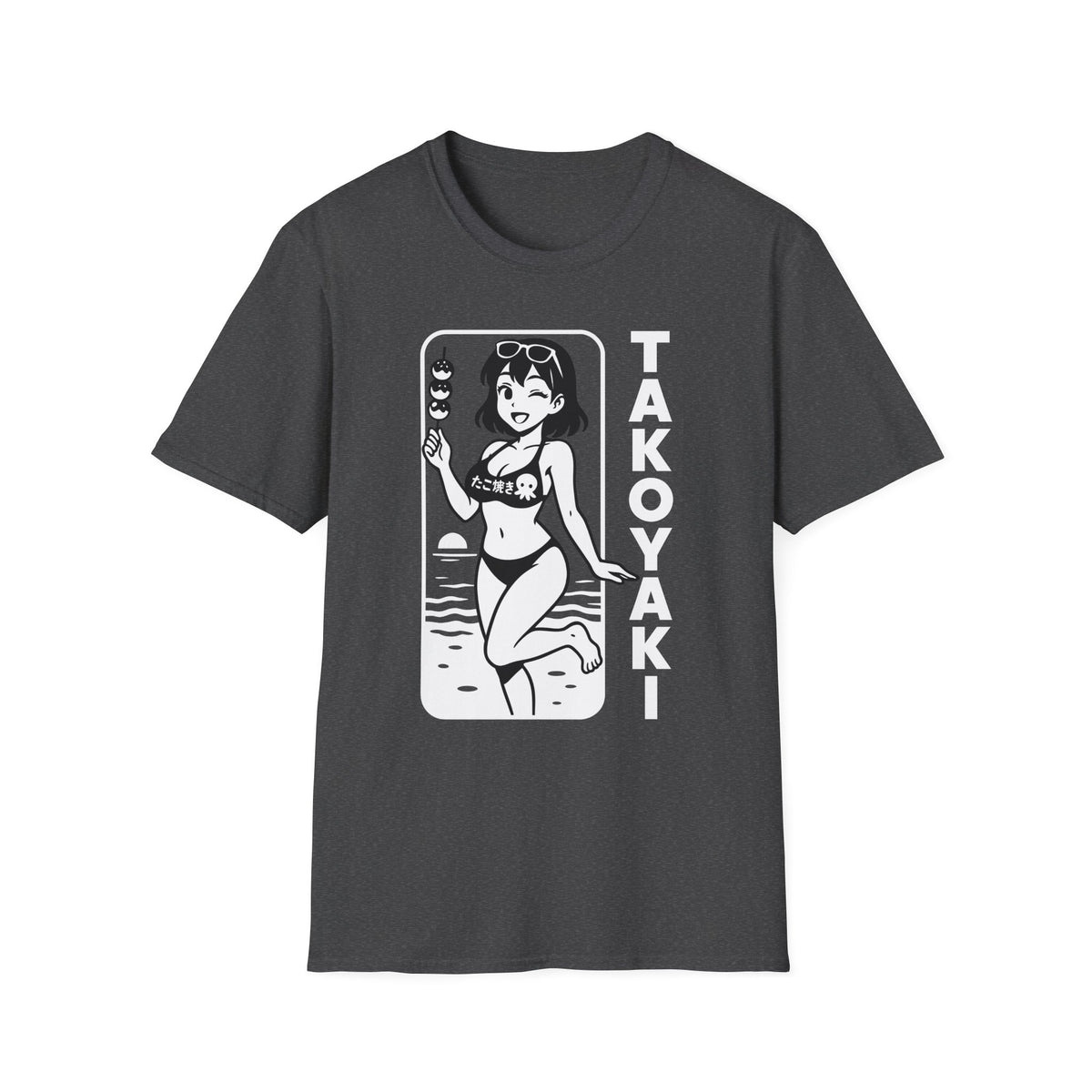 Anime Girl on Beach with Takoyaki on Side Design T-Shirt