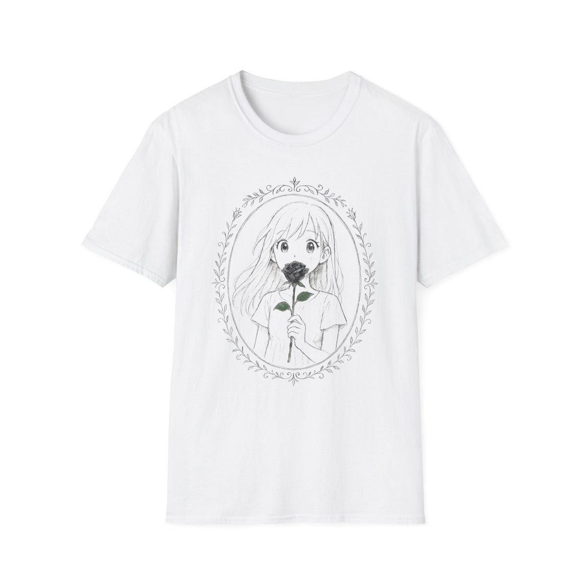 Anime Girl Holding Rose Flower Within Frame Design T-Shirt