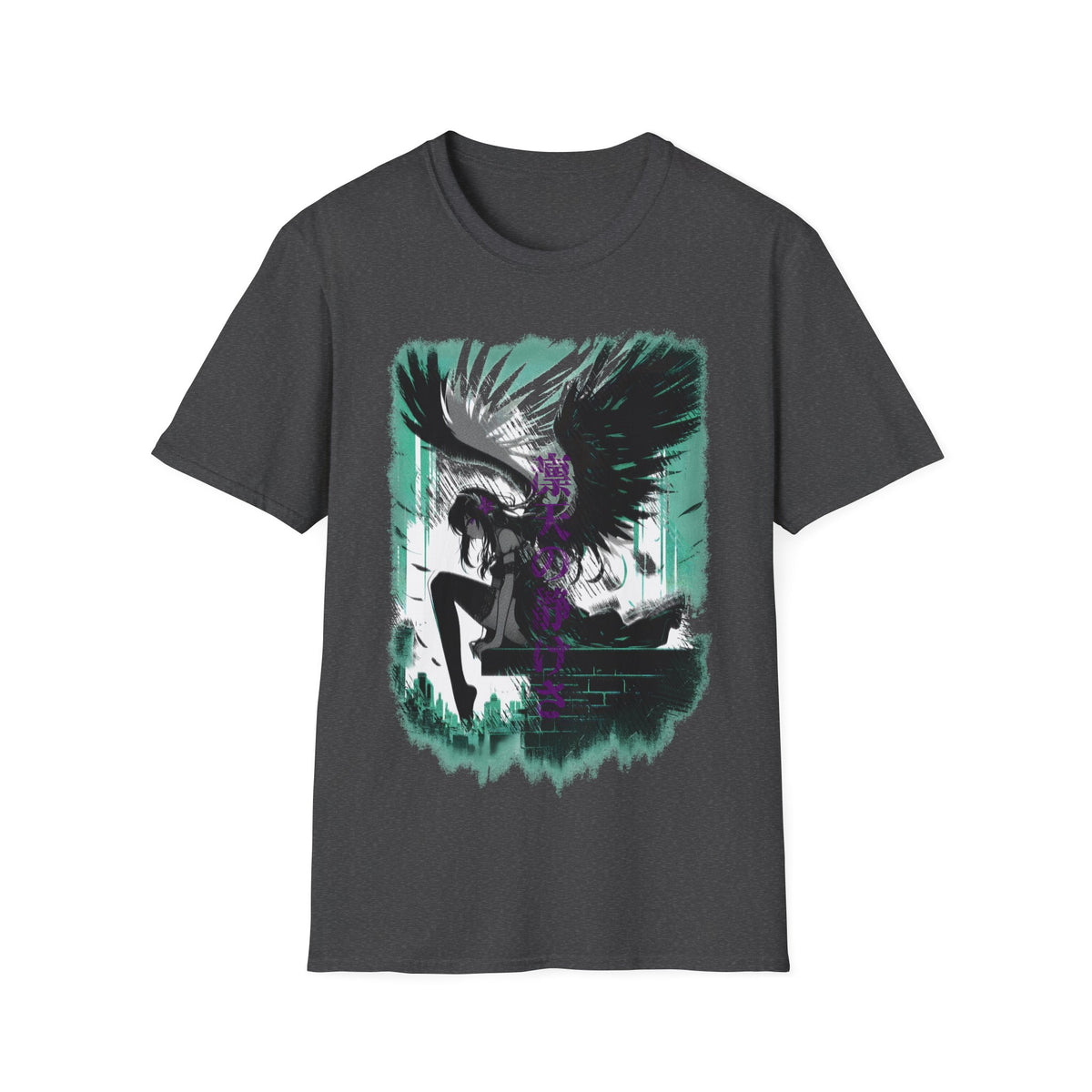 Anime Black Winged Girl in Urban Japan Scene Manga Style T-Shirt