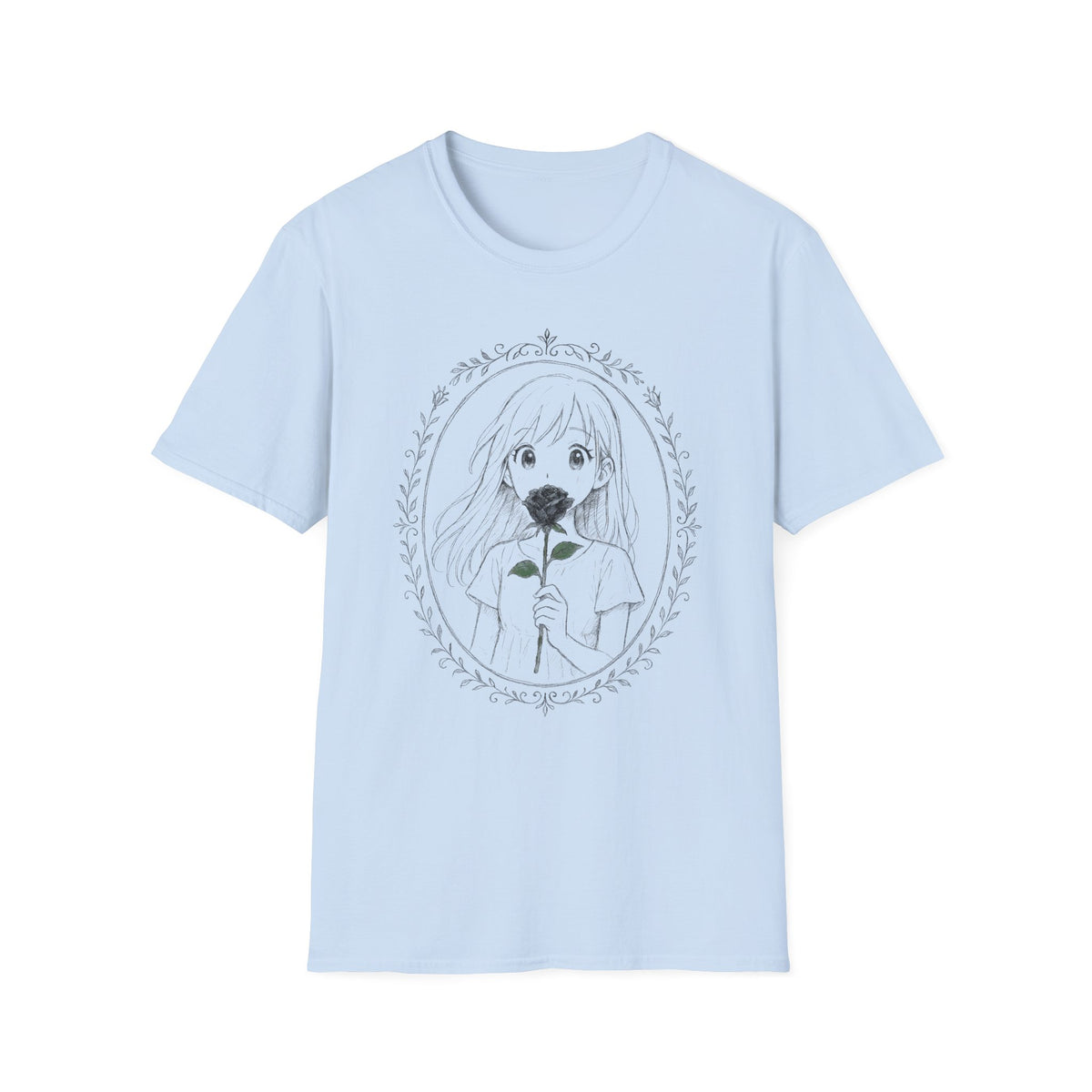 Anime Girl Holding Rose Flower Within Frame Design T-Shirt