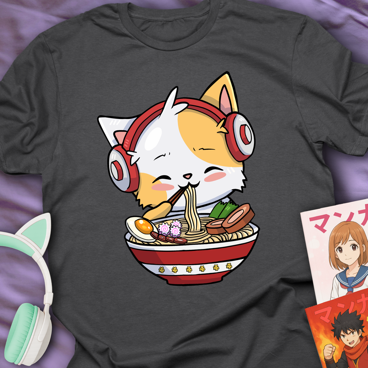 Cute Ramen Cat With Headphones - Japan Lover Tee