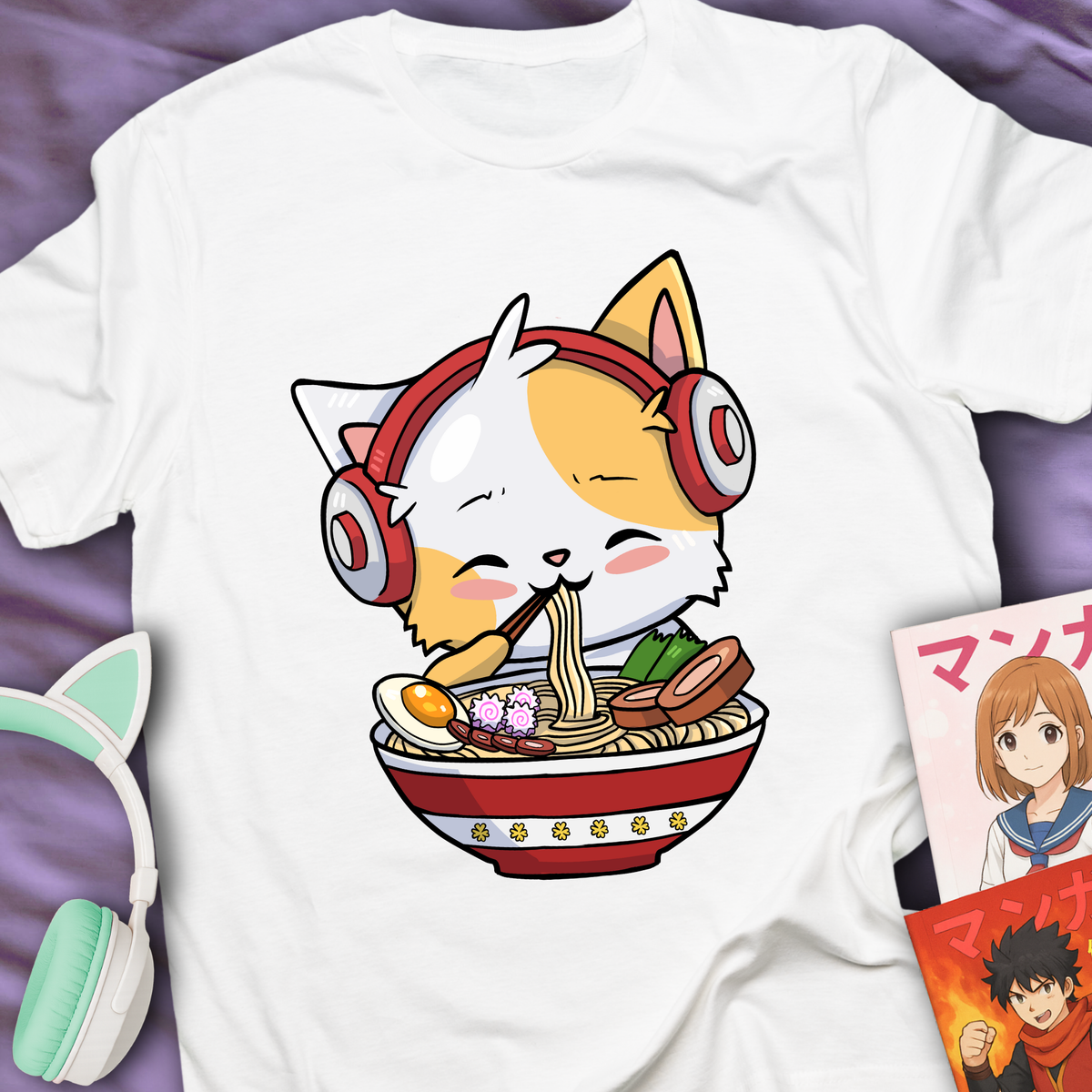 Cute Ramen Cat With Headphones - Japan Lover Tee